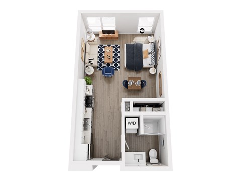 A small apartment with a kitchen, living room, and bathroom.